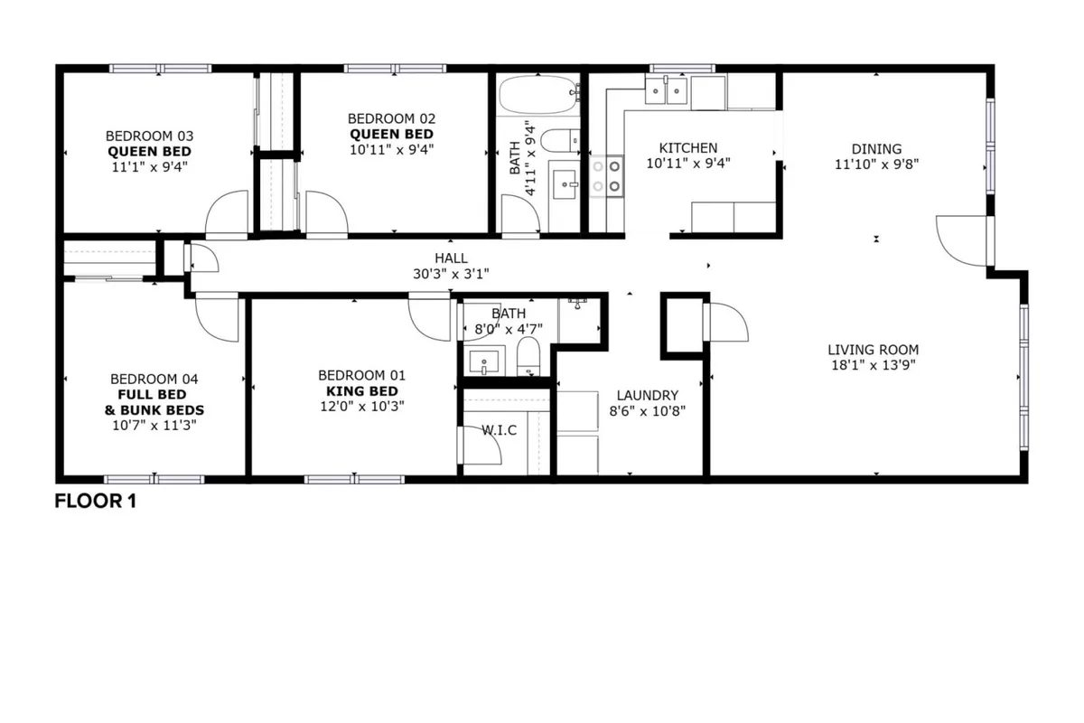 A wide-angle view of the open-plan kitchen, living, and dining areas, with cozy bedrooms visible in the background. The space is designed for group gatherings, offering both comfort and practicality for families or friends. The warm lighting and casual furnishings contribute to a welcoming, homey atmosphere.